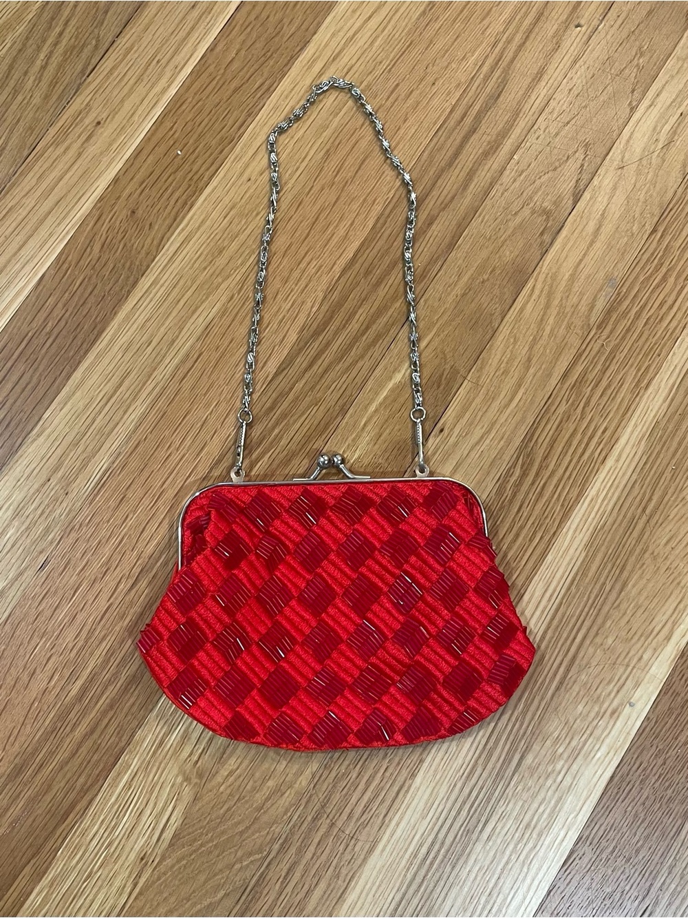 Small Red Beaded Evening Clutch with Chain Strap